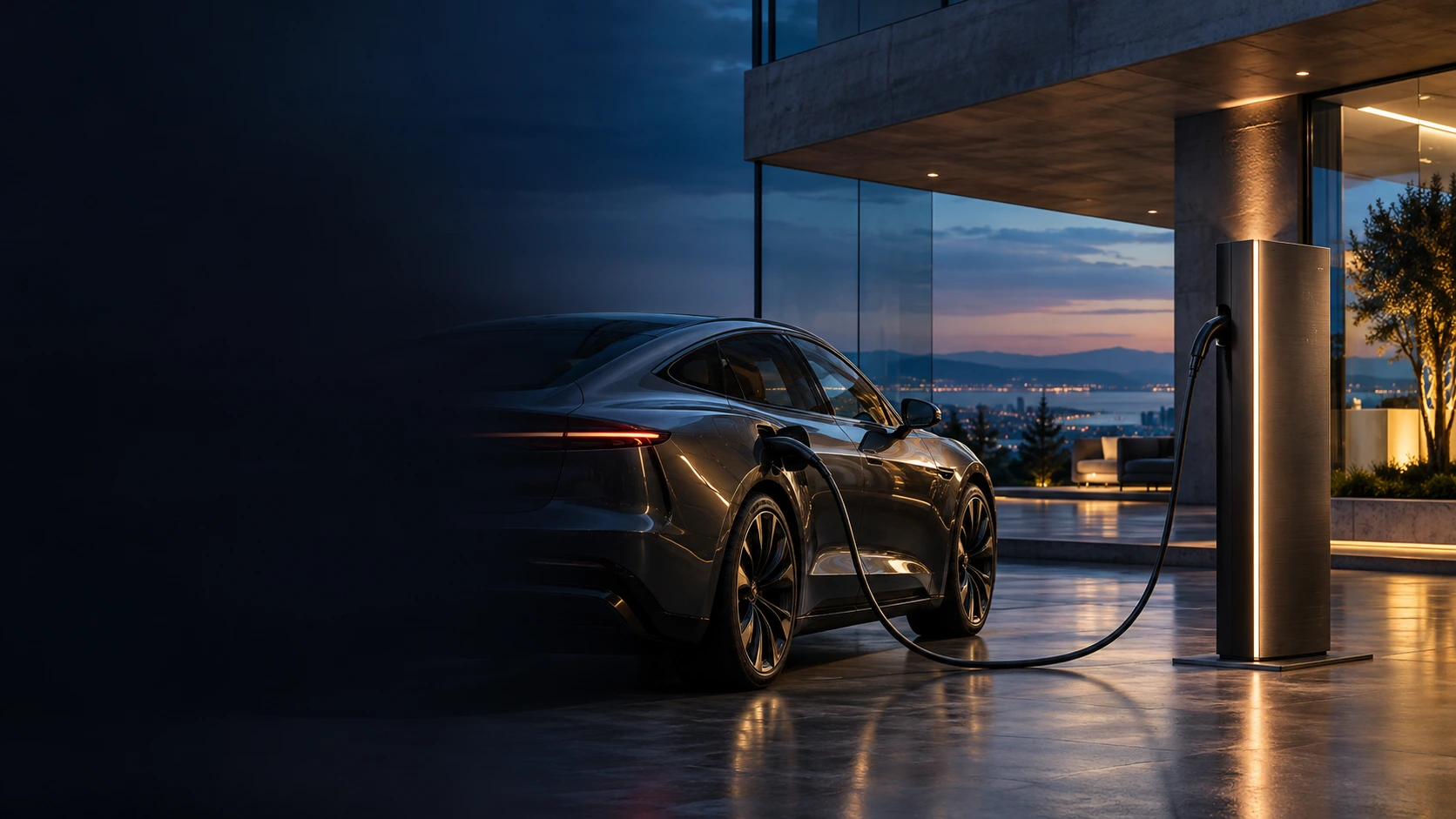 Concepto de recarga eléctrica: vehículo y cargador en un espacio de arquitectura contemporánea